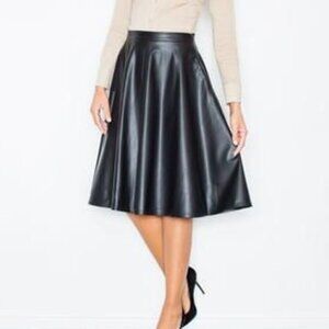 Women's Black Faux Leather Midi Skirt